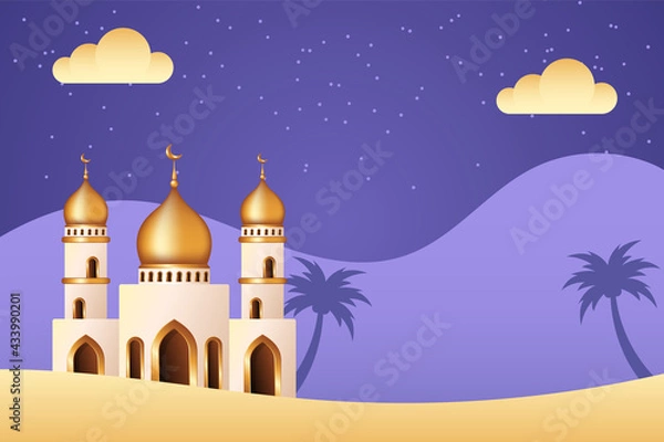 Fototapeta Islamic background with Mosque in the middle of desert. Islamic background suitable for Ramadan, Eid al Adha, Eid al Fitr.