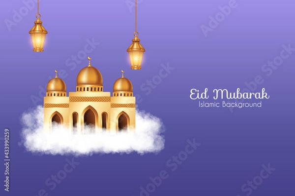Fototapeta Eid mubarak background with realistic clouds, 3d golden mosque and decorations. Islamic background suitable for Ramadan, Eid al Adha, Eid al Fitr.