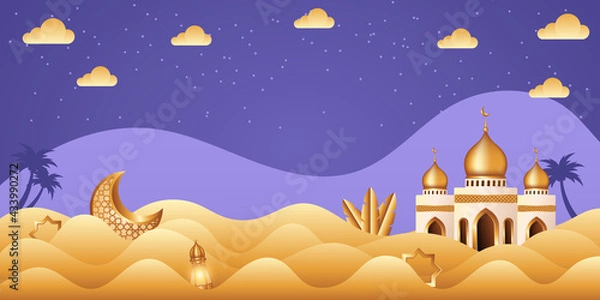 Fototapeta Paper cut style Islamic background with Mosque in the middle of desert. Islamic background suitable for Ramadan, Eid al Adha, Eid al Fitr.