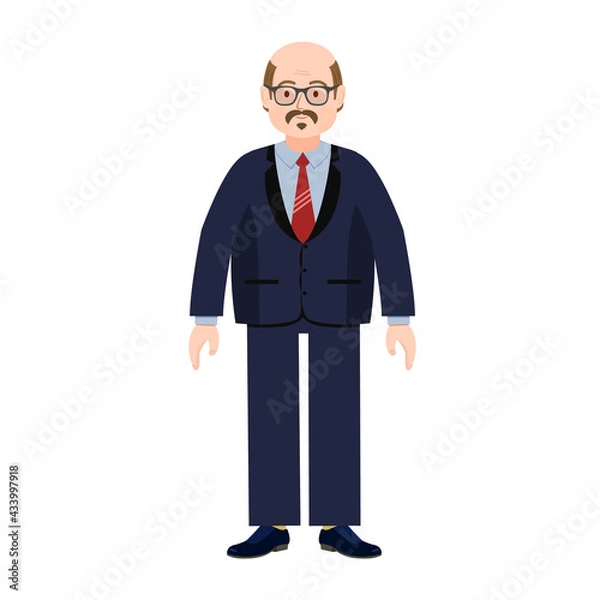 Obraz  A fat man in a suit. A solid man. Overweight. Vector illustration of a person for animation. Editable strokes. Editable movements. A bald old man.
