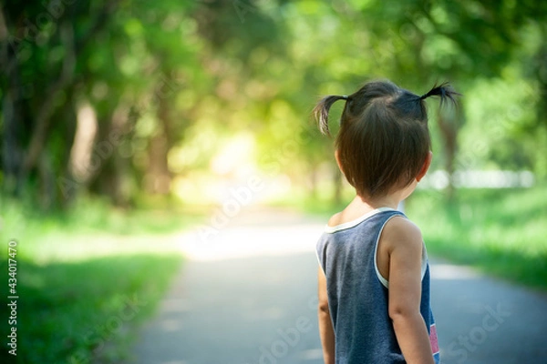 Obraz back of girl on background of road and forest park