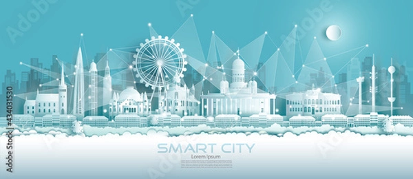 Fototapeta Finland architecture travel landmarks of Helsinki with Balloons and airplane.