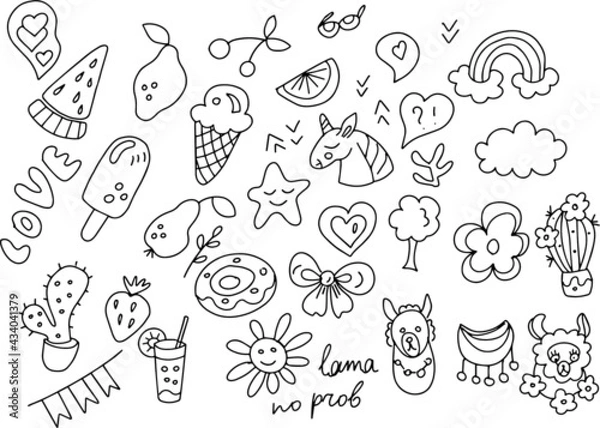 Obraz Patches summer clipart vector sun set of bright cute cartoon elements heart fruit llama unicorn rainbow clouds print paper sketch doodle
