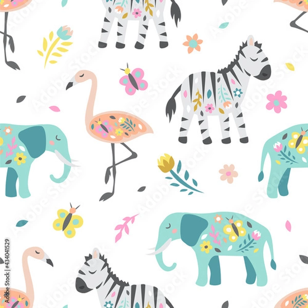 Fototapeta Safari childish seamless pattern. Cute zebra elephant and flamingo. Creative texture for fabric, textile