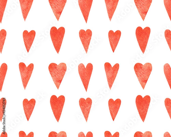 Fototapeta Watercolor pattern with hearts. Cute and bright pattern. Texture for fabric, wrapping paper, postcards.
