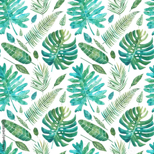Fototapeta Seamless tropical pattern with leaves. Texture for fabric, wrapping paper, postcards.