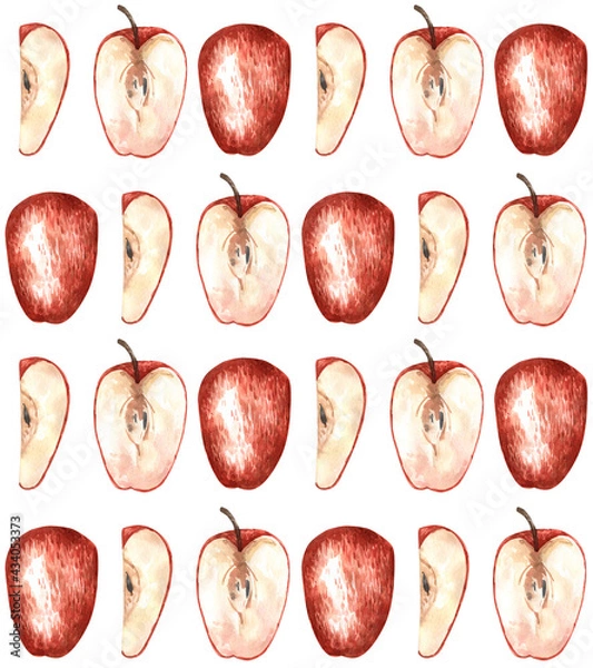 Fototapeta Seamless bright pattern with ripe apples, painted with watercolor. Texture for fabric, wrapping paper, postcards.