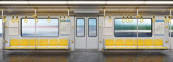 Fototapeta Subway car empty interior, metro cross section, 3d rendering