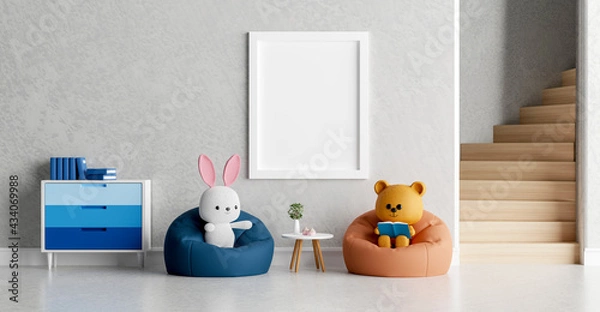 Fototapeta Mock up poster frame with cute teddy bear and rabbit for a baby shower 3D rendering