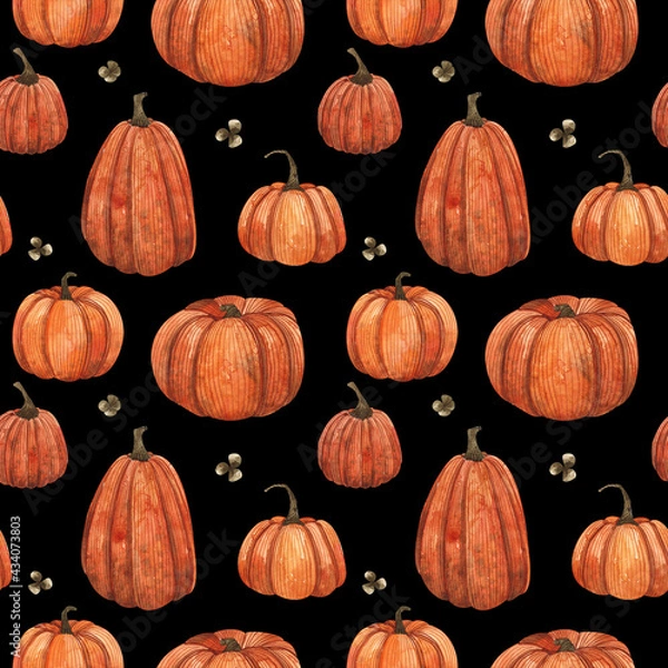 Fototapeta Seamless pattern of watercolor pumpkins on a black background. Texture for fabric, wrapping paper, postcards.