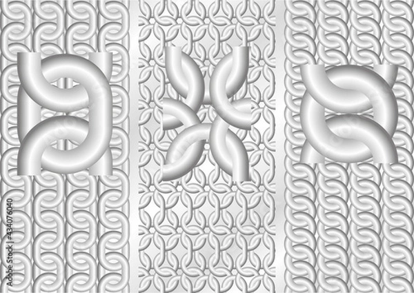 Obraz Chain. Three seamless vector patterns. 3D silver (grayscale) theme. 