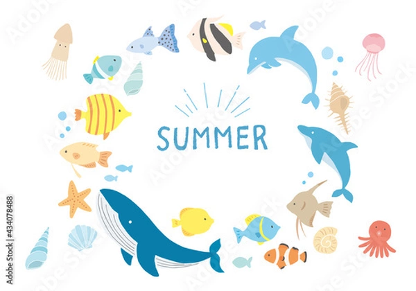 Fototapeta 海の生き物や貝殻のイラストフレーム