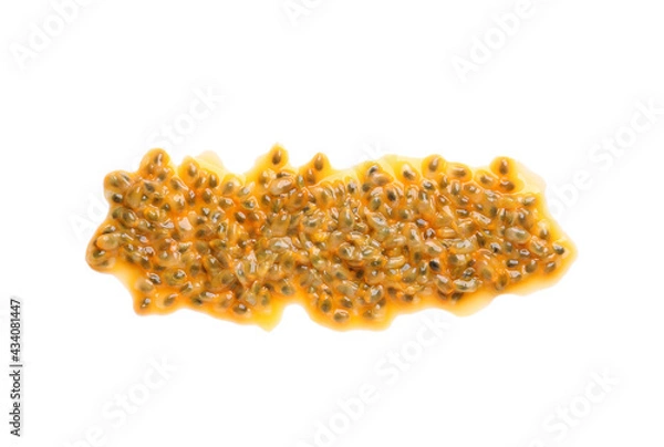 Fototapeta Passion fruit seeds on white background, top view