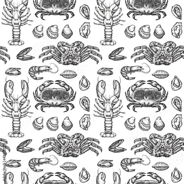 Fototapeta Seamless pattern with crab, lobster and oysters drawn by graphics. Texture for fabric, wrapping paper, postcards.