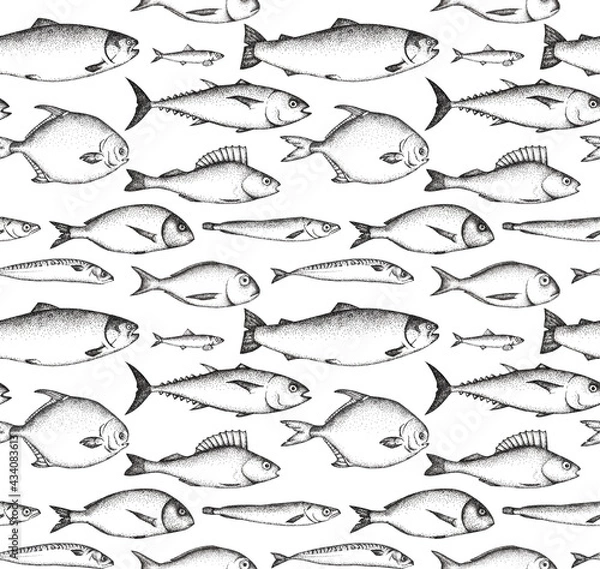 Fototapeta Seamless pattern with fish drawn by graphics. Texture for fabric, wrapping paper, postcards.