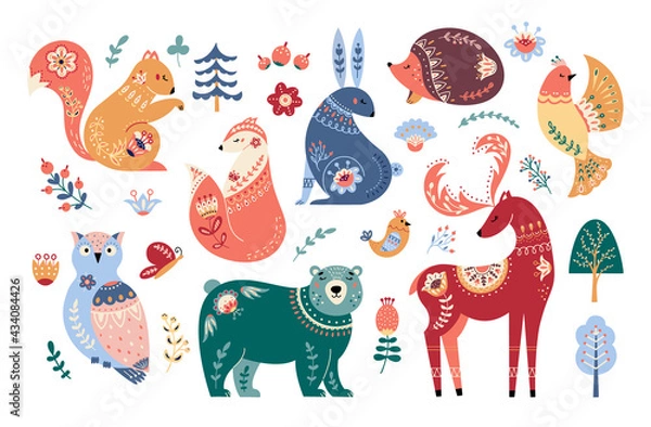Obraz Scandinavian animals set Folk forest vector illustration