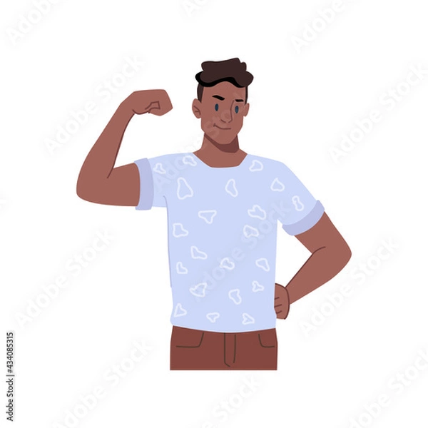 Fototapeta Boating afro american teenager showing biceps and muscles on arm. Isolated male character gesturing and communication in nonverbal mean, sporty and optimistic guy. Vector in flat cartoon style