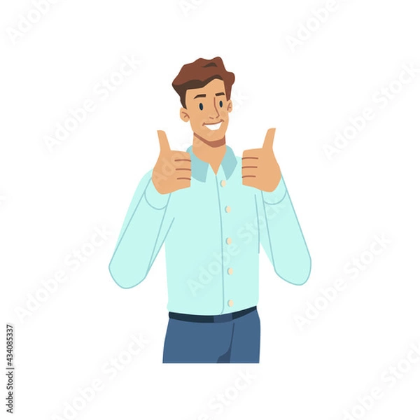 Fototapeta Cheerful male character in formal suit showing thumbs up, isolated successful businessman gesturing. Caucasian adult approving or advising, satisfied client or customer. Vector in flat cartoon style