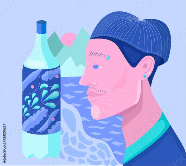 Obraz A man looking at a bottle of water and mountains in the background-01