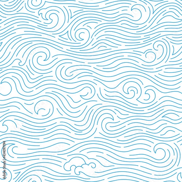 Obraz Vector ocean background with abstract waves. Seamless pattern with simple doodle blue sea.