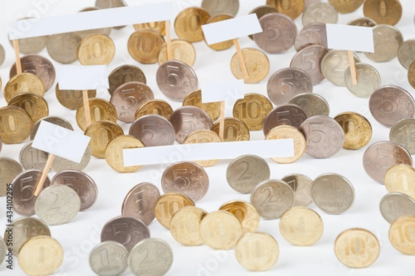 Fototapeta Coins at the demonstration with empty posters. Procession. Coin protest