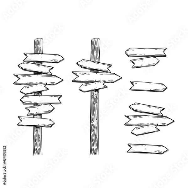 Fototapeta Signpost wooden set sketch in hand drawn style. Vector graphic illustration. Background design. Vintage cartoon decoration.