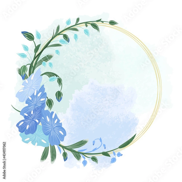 Fototapeta Round wreath of flax flowers, stems, buds and golden rings. Blue flax in the form of a frame for cards and invitations on a watercolor background in pastel colors. Vector illustration for date day.