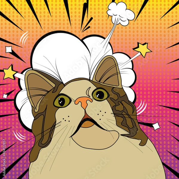 Fototapeta Funny cat on the background of the explosion. Pop art illustration. Meme cat. Vector illustration in retro comic style