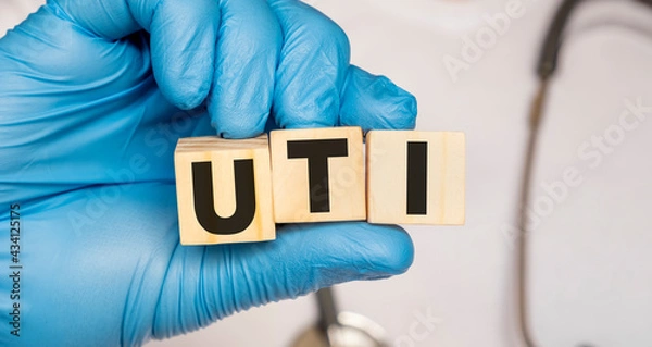 Fototapeta UTI Urinary tract infection - word from wooden blocks with letters holding by a doctor's hands in medical protective gloves. Medical concept.