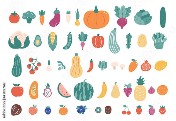 Fototapeta Big set of vegetables and fruits on white background. Hand drawn doodle food illustration. Flat style vector collection.