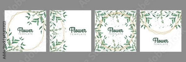 Fototapeta Luxury green gold floral flower leaves watercolor social media stories and post template vector set. Tropical and botanical warm earth tone square cover background collection.