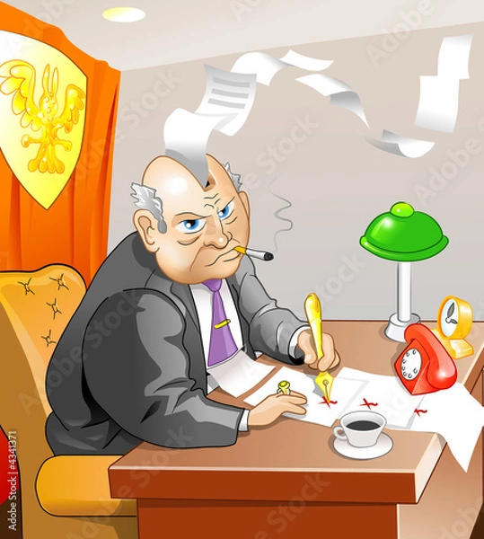 Fototapeta Angry bureaucrat sit and write