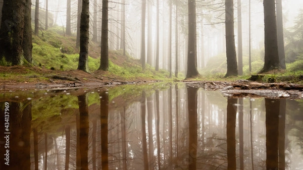 Obraz Dark and misty forest in the Stolowe Mountains, Radkow, Poland.