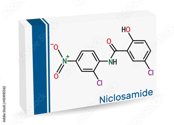 Obraz Niclosamide molecule. It is chlorinated salicylanilide, antihelminthic drug for the treatment of tapeworm infections. Skeletal chemical formula. Paper packaging for drugs