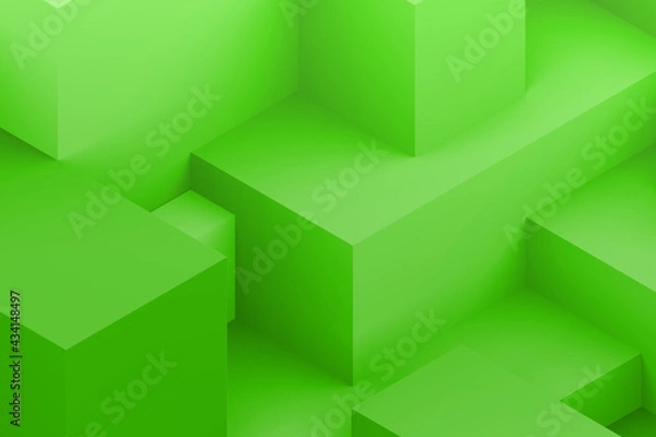 Fototapeta Abstract green geometric cubic dark color background. isometric 3d render.