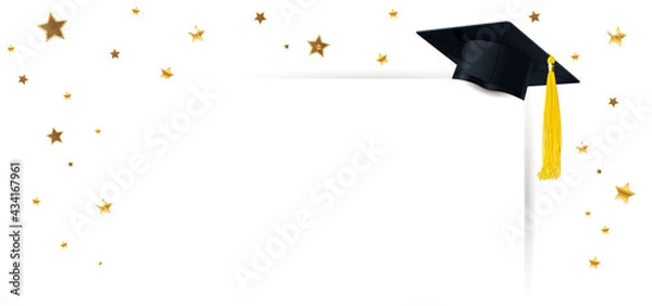 Obraz Graduate Cap and Diploma with Confetti of Gold Stars