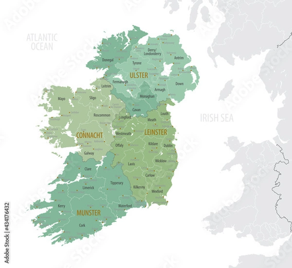 Obraz Detailed map of Ireland with administrative divisions into provinces and counties, major cities of the country, vector illustration onwhite background