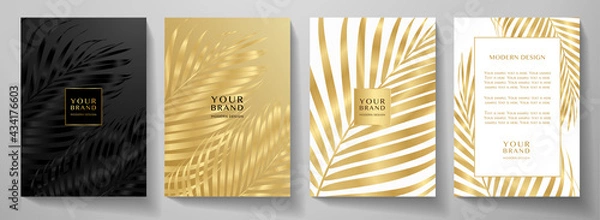 Obraz Tropical cover design set with palm branch (golden leaf) print on background. Holiday black and gold exotic pattern for vector wedding card, luxury menu template, summer holiday poster