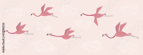Fototapeta Vector set with flamingos. Flamingos flying on a pink sky with white clouds. 