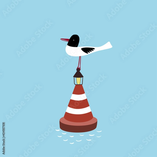 Fototapeta A seagull sits on a buoy in the sea. 