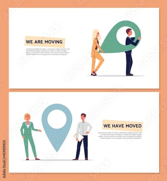Fototapeta Moving and relocation banners or flyers set with people flat vector illustration.