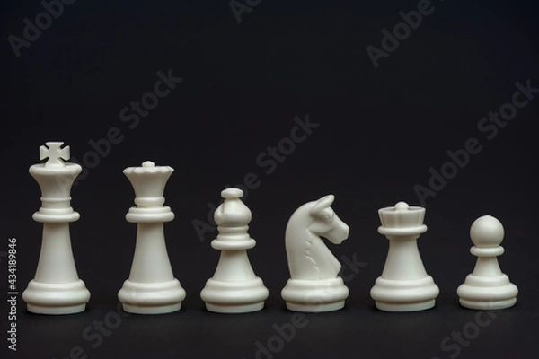 Fototapeta Set of white chess pieces on a black background. Chessmen. Table game. 