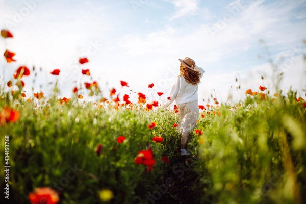 Obraz Girl in a hat with long curly hair posing in a field with red flowers. Summer landscape. Warm colors. Woman walking through a poppy field. Young girl in the spring flower garden.