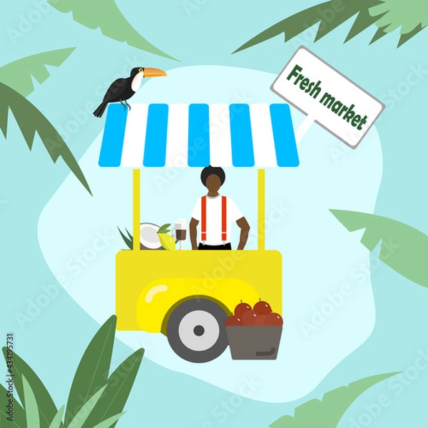 Fototapeta A trading place for exotic tropical fruits. Market. The seller behind the counter. Tropics. Palm trees. Vector illustration. Background. EPS. Trading shop on wheels. 
