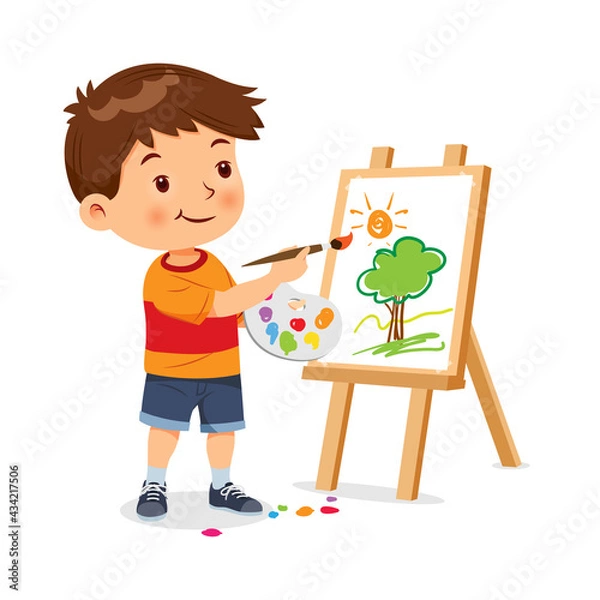 Fototapeta Cute little boy is happy making art. Vector illustration