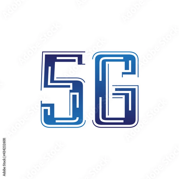 Fototapeta 5G logo network speed circuit technology illustration in isolated white background, broadband telecommunication wireless internet concept