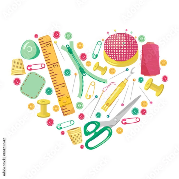 Fototapeta Frame on the theme of sewing in the shape of a heart on a white background.