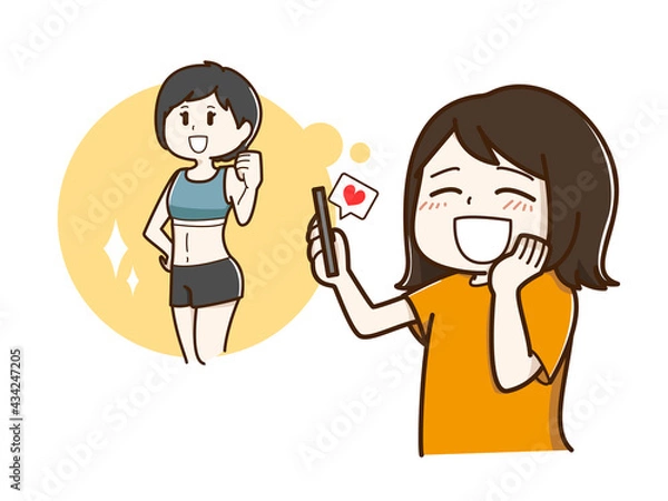 Fototapeta 憧れの人のSNSに「いいね」を押す女性のイラスト
