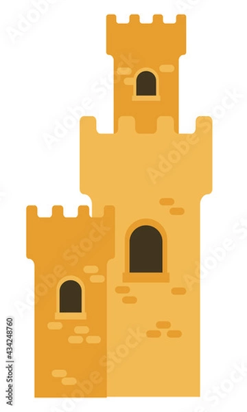 Fototapeta Tower vector icon. Beach sand castle vector illustration in cartoon flat style isolated on white background. Fort fortress with tower gate and flag
