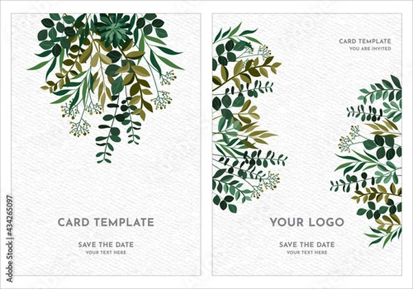 Obraz Wedding Invitation, thank you card design with green tropical palm leaf, eucalyptus branches decorative frame pattern. Handdrawn Vector nature art template.